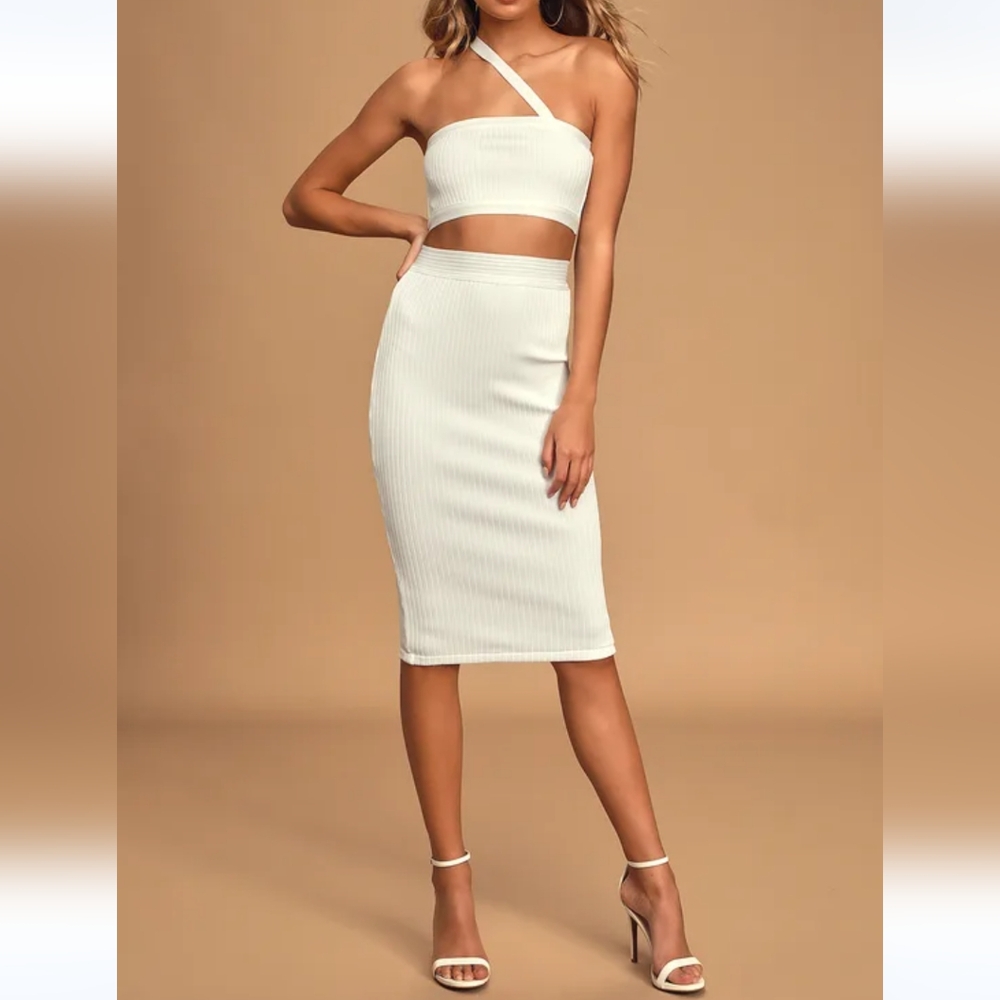 Lulu's Dance Hall White One-Shoulder Two-Piece Bodycon Midi Skirt & Crop Top